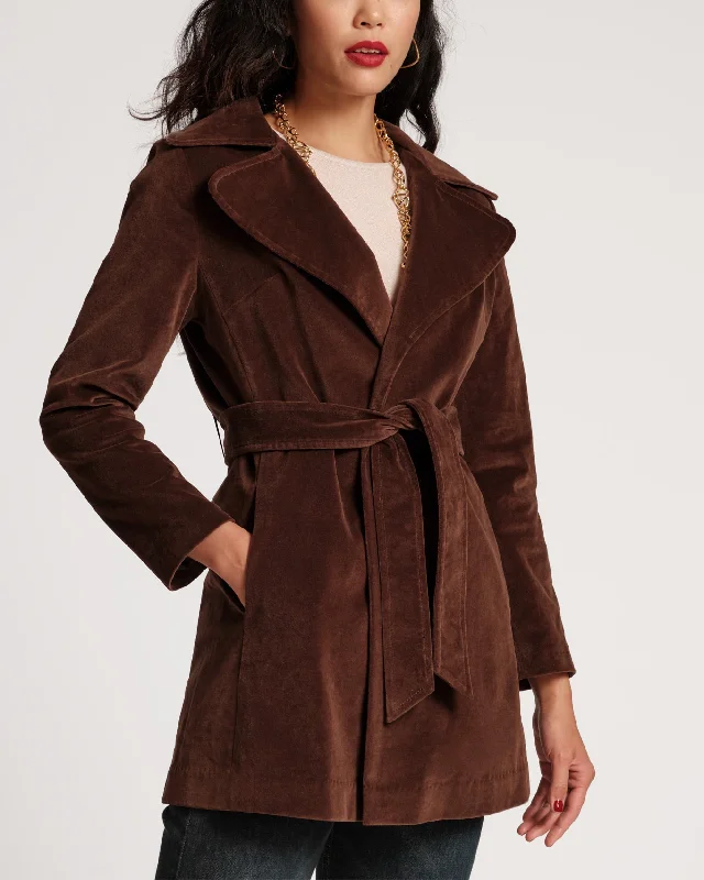 Sergeant Stretch Velvet Belted Jacket Chocolate Notch Collar Peter Pan Collar Cowl Neck