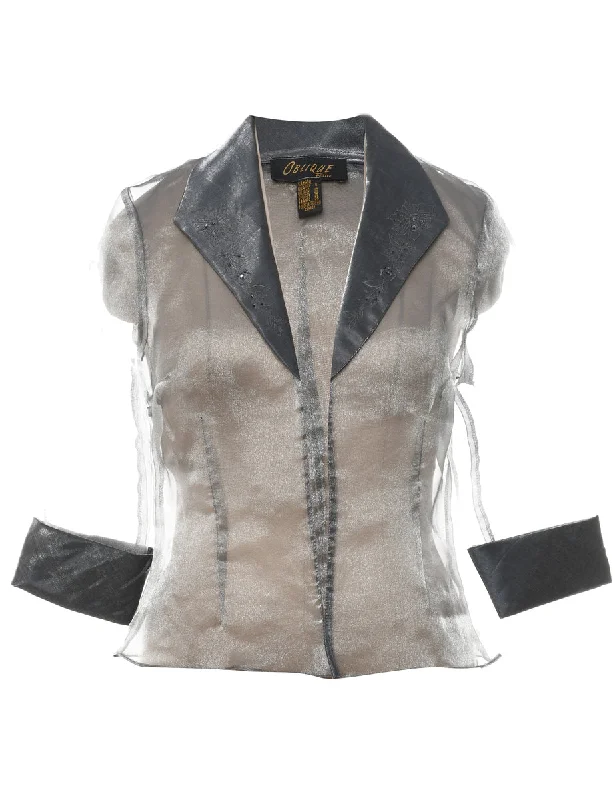 Sheer Silver Effect Evening Jacket - M A-Line Jacket Boat Neck Shawl Collar