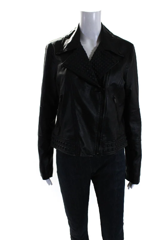 Slate & Willow Womens Textured Leather Jacket Black Faux Fur Fabric Real Fur Fabric Shearling Fabric