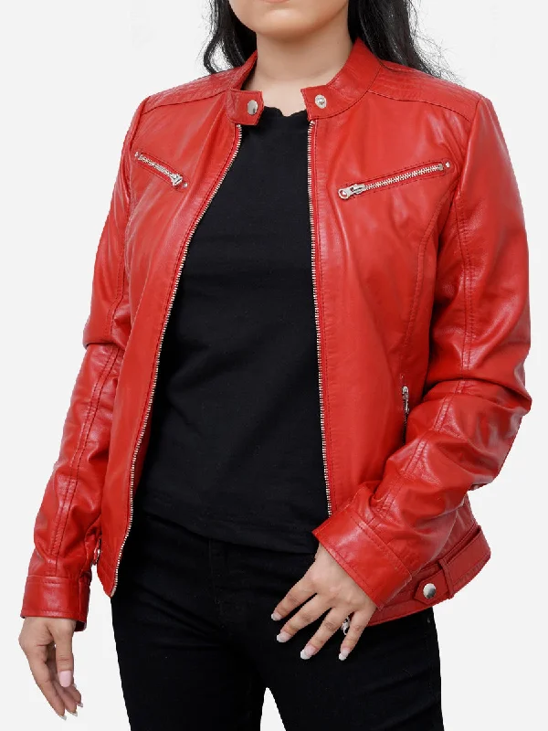 Valentina Cafe Racer Red Leather Motorcycle Jacket Tiered Jacket Buttoned Jacket Zippered Jacket Valentina Cafe Racer Red Leather Motorcycle Jacket Tiered Jacket Buttoned Jacket Zippered Jacket