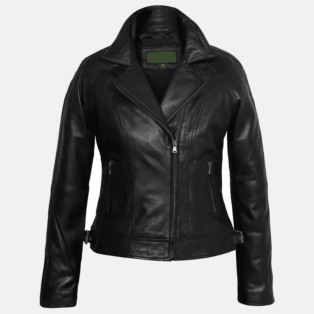 Valerie Leather Biker Jacket For Women Front Pockets Side Pockets Patch Pockets