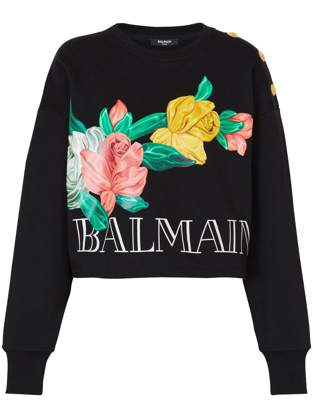 BALMAIN WOMEN Vintage Balmain sweatshirt with Roses print BLACK Hoodie with Logo Branding Identity BALMAIN WOMEN Vintage Balmain sweatshirt with Roses print BLACK Hoodie with Logo Branding Identity