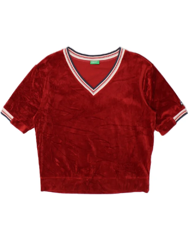 BENETTON Womens Velour Short Sleeve Sweatshirt Jumper UK 10 Small Maroon Hoodie with Hem Detail Decorative Unique BENETTON Womens Velour Short Sleeve Sweatshirt Jumper UK 10 Small Maroon Hoodie with Hem Detail Decorative Unique