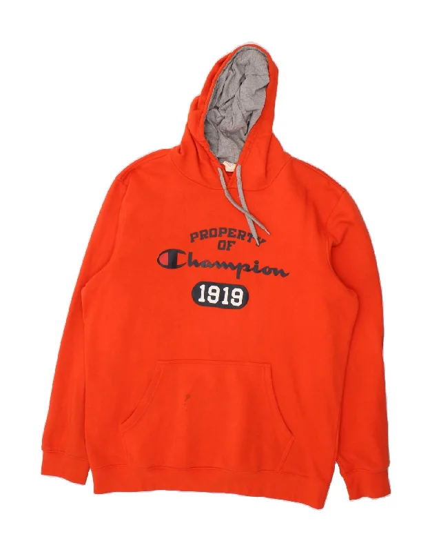 CHAMPION Mens Graphic Hoodie Jumper 2XL Orange Cotton Hoodie with Raw Hem Edgy Unfinished CHAMPION Mens Graphic Hoodie Jumper 2XL Orange Cotton Hoodie with Raw Hem Edgy Unfinished
