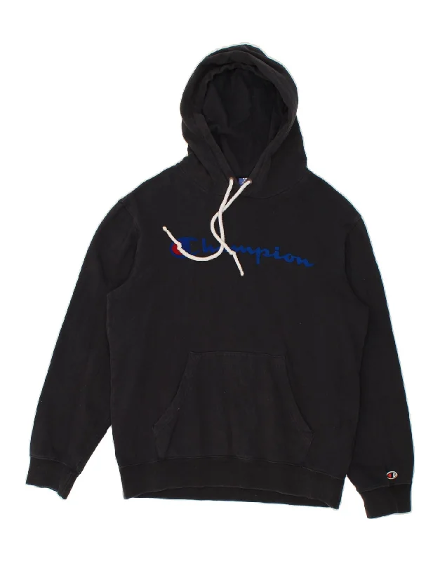 CHAMPION Mens Graphic Hoodie Jumper Medium Black Hoodie with Tied Waist Feminine Flattering
