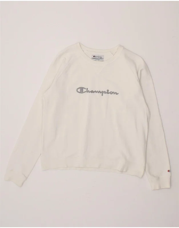 CHAMPION Womens Graphic Sweatshirt Jumper UK 14 Medium White Cotton Hoodie with Side Slits Relaxed Casual CHAMPION Womens Graphic Sweatshirt Jumper UK 14 Medium White Cotton Hoodie with Side Slits Relaxed Casual