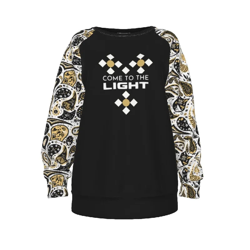 COME TO THE LIGHT Black Paisley Sleeve Sweatshirt Hoodie with Applique Textured Unique COME TO THE LIGHT Black Paisley Sleeve Sweatshirt Hoodie with Applique Textured Unique