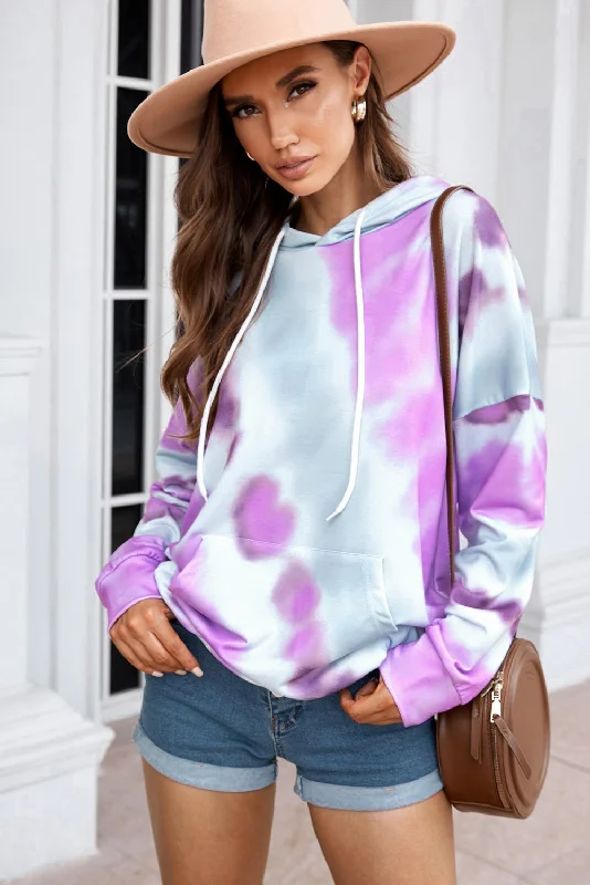 Dropped Sleeve Tie-dye Hoodie with Drawstring Hoodie with Lining Warm Insulated