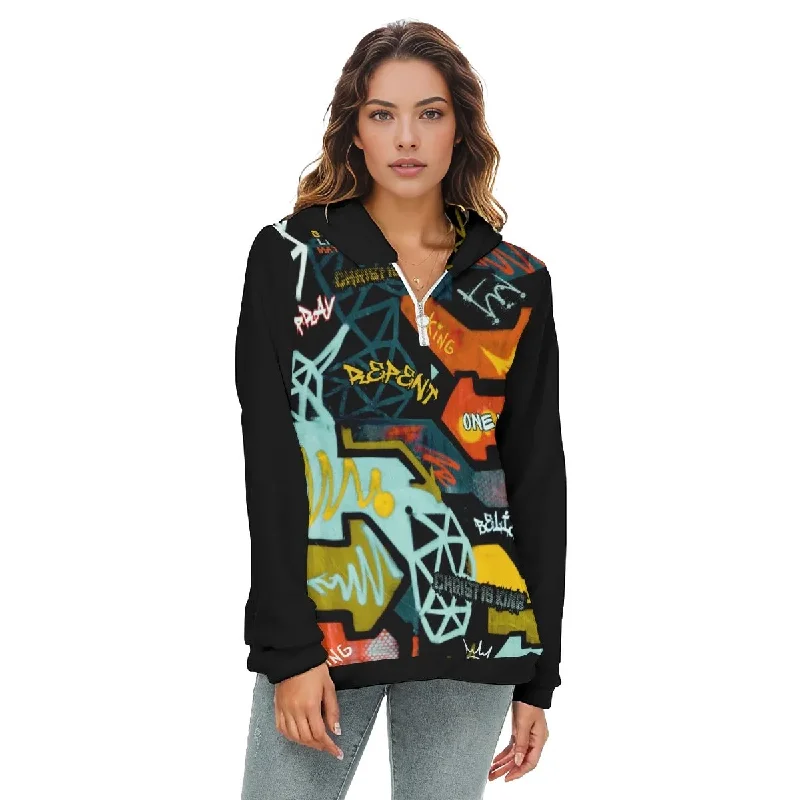 GRAFFITI GOD Borg Fleece Half Zip Hoodie Hoodie with Metallic Shiny Futuristic