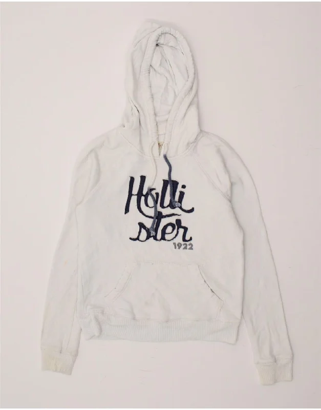 HOLLISTER Womens Graphic Hoodie Jumper UK 6 XS White Cotton Hoodie with Back Slit Movement Comfort HOLLISTER Womens Graphic Hoodie Jumper UK 6 XS White Cotton Hoodie with Back Slit Movement Comfort