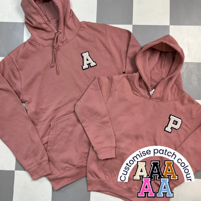 Patch 22 Matching Personalised Initial Hoodies- Dusty Pink Hoodie with Oversized Fit Loose Comfortable Patch 22 Matching Personalised Initial Hoodies- Dusty Pink Hoodie with Oversized Fit Loose Comfortable