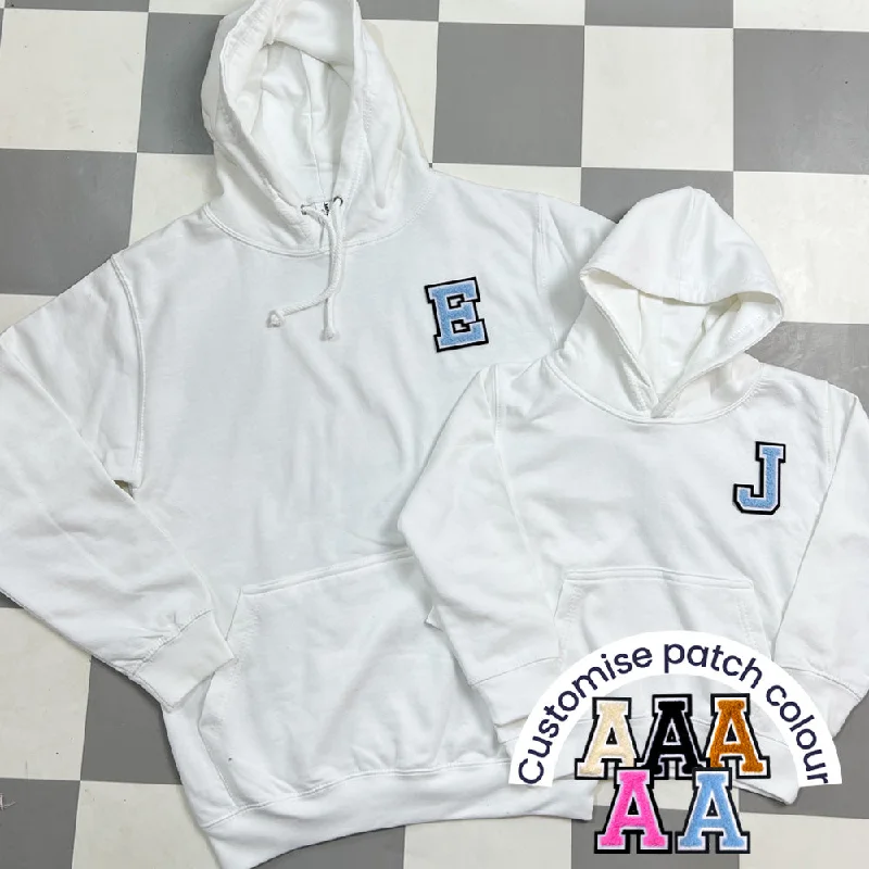 Patch 22 Matching Personalised Initial Hoodies- White Hoodie with Metallic Shiny Futuristic Patch 22 Matching Personalised Initial Hoodies- White Hoodie with Metallic Shiny Futuristic
