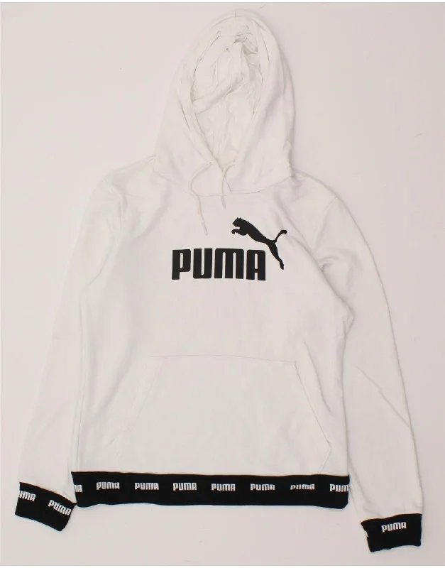 PUMA Womens Graphic Hoodie Jumper UK 14 Medium White Cotton Hooded Sweatshirt Casual Wear Street Style