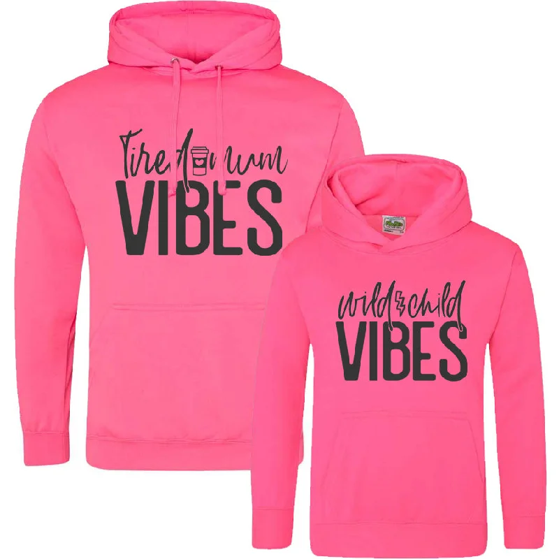 Tired Mum & Wild Child Matching Neon Pink Hoodies Hoodie with Rhinestones Sparkly Elegant Tired Mum & Wild Child Matching Neon Pink Hoodies Hoodie with Rhinestones Sparkly Elegant