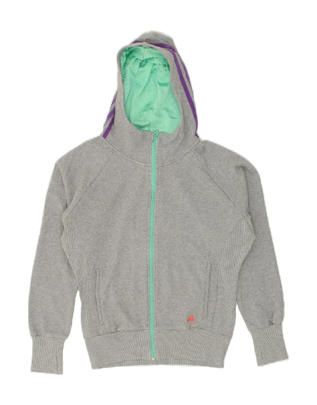 ADIDAS Girls Climalite Zip Hoodie Sweater 13-14 Years Grey Cotton Wool Fabric Cashmere Fabric Tweed Fabric