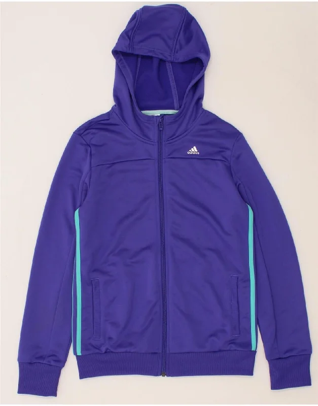 ADIDAS Girls Zip Hoodie Sweater 14-15 Years Purple Polyester Striped Floral Plaid