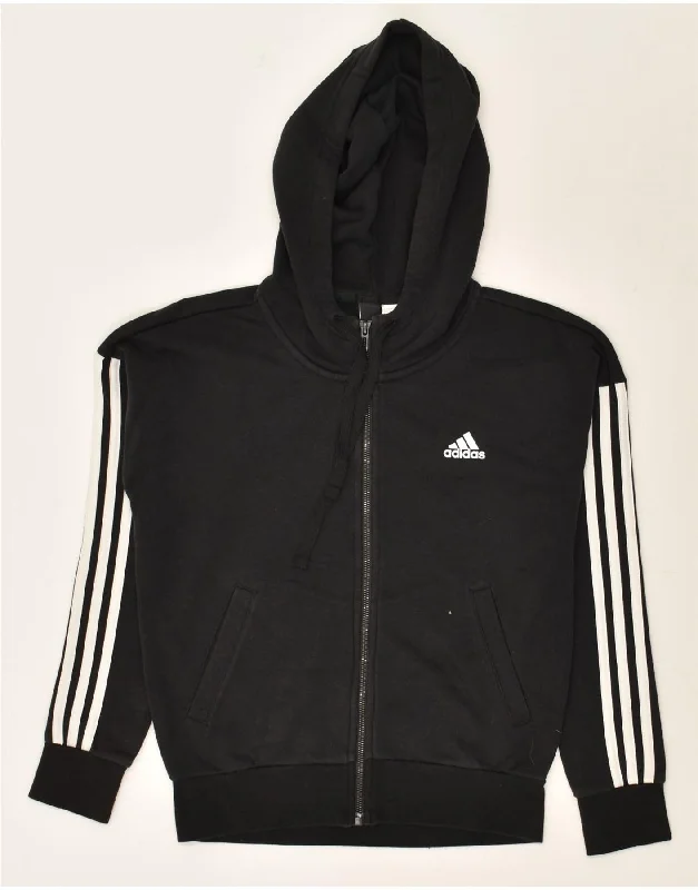 ADIDAS Womens Zip Hoodie Sweater UK 4/6 XS Black Cotton Machine Wash Dry Clean Hand Wash