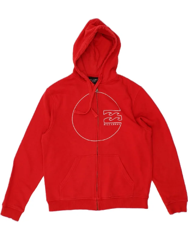 BILLABONG Mens Graphic Zip Hoodie Sweater Small Red Cotton Graphic Sweater Embroidered Appliqued