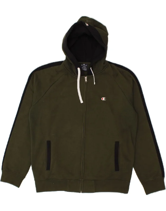 CHAMPION Mens Zip Hoodie Sweater Large Green Cotton Herringbone Houndstooth Plaid