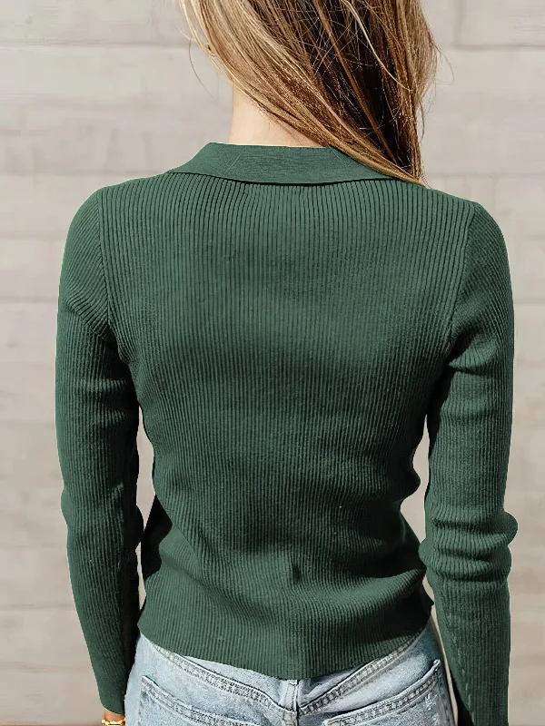 Collared Ribbed Knit Sweater Zippered Front Buttoned Front Snap Front