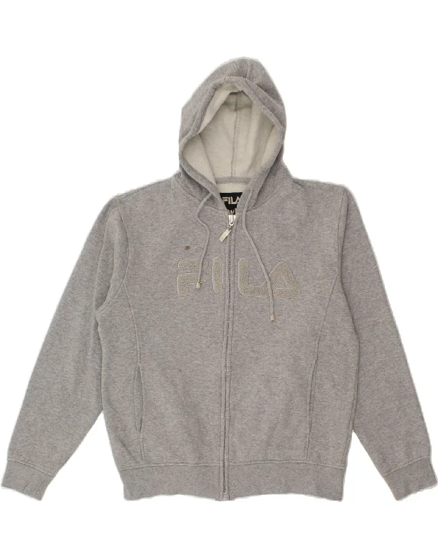 FILA Mens Graphic Zip Hoodie Sweater Small Grey Cotton Glossy Satin Silk