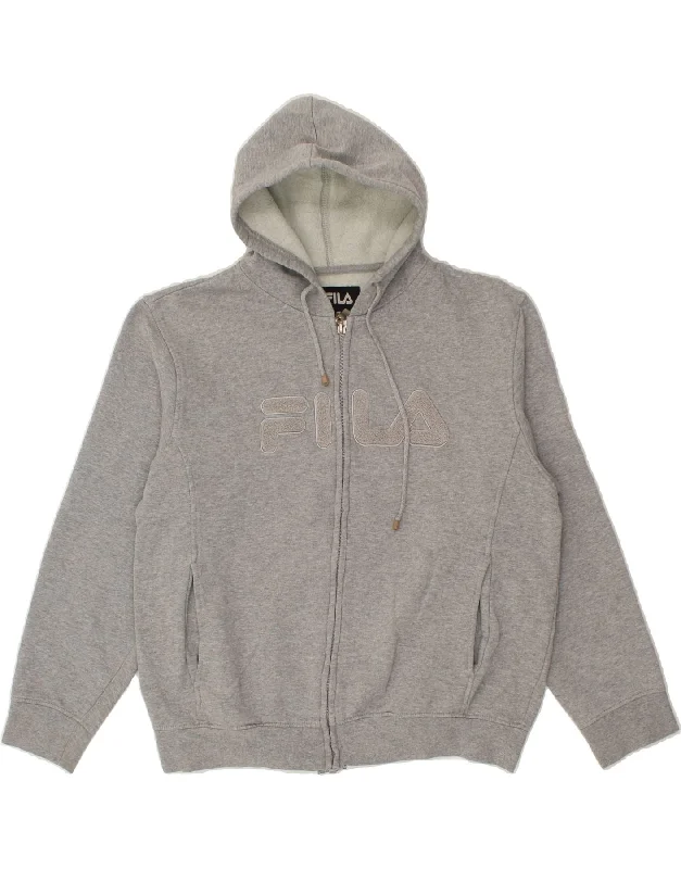 FILA Womens Graphic Zip Hoodie Sweater UK 16 Large Grey Cotton Thin Thick Dense