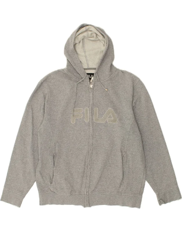 FILA Womens Graphic Zip Hoodie Sweater UK 20 2XL Grey Cotton Glossy Satin Silk