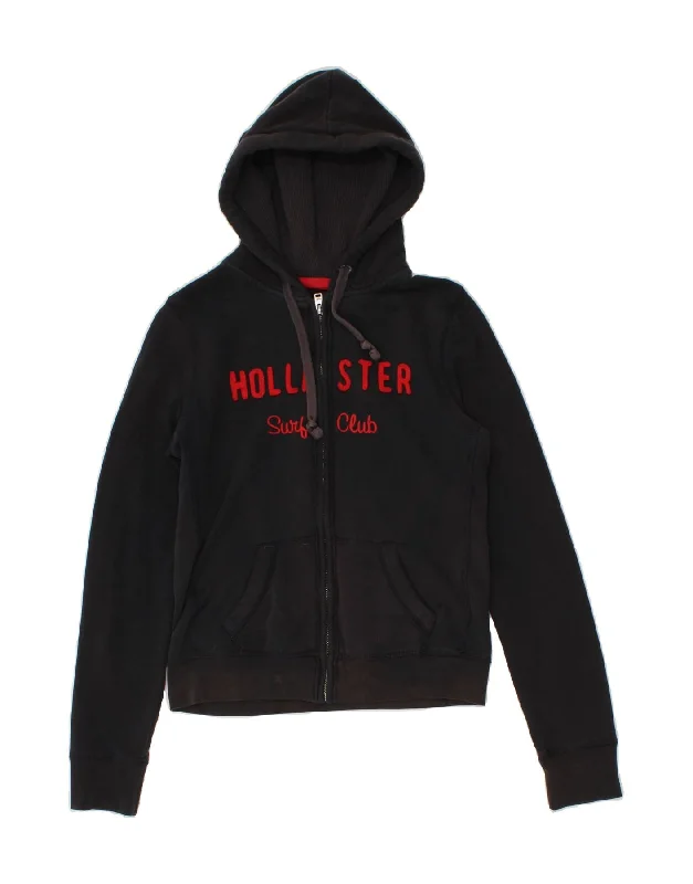 HOLLISTER Womens Crop Graphic Zip Hoodie Sweater UK 12 Medium Black Cotton Solid Color Striped Floral Print HOLLISTER Womens Crop Graphic Zip Hoodie Sweater UK 12 Medium Black Cotton Solid Color Striped Floral Print