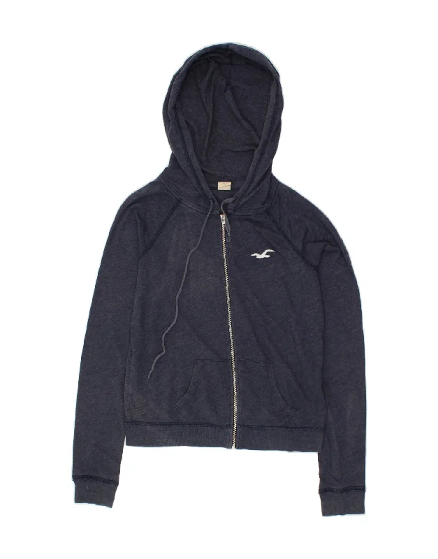 HOLLISTER Womens Zip Hoodie Sweater UK 14 Medium Navy Blue Cotton Thin Thick Dense