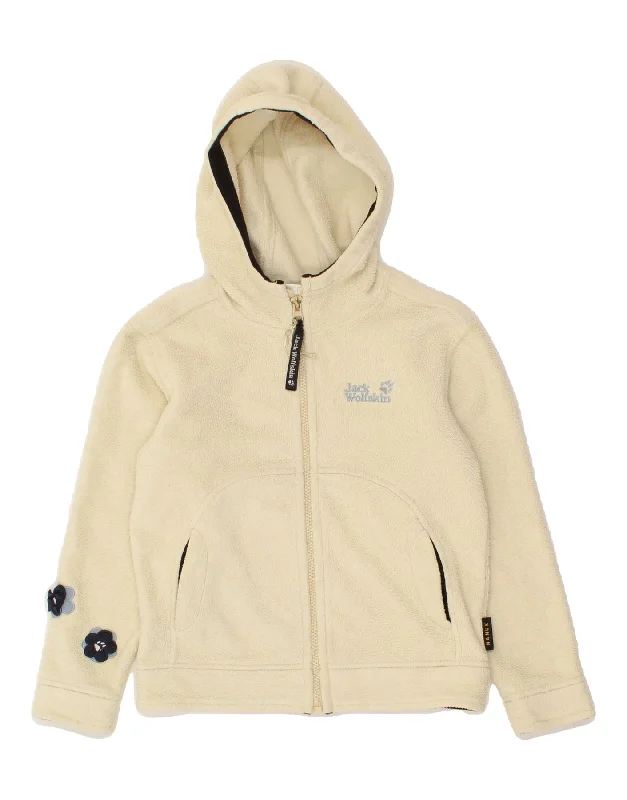 JACK WOLFSKIN Girls Graphic Fleece Zip Hoodie Sweater 8-9 Years Yellow Handmade Hand-knitted Hand-woven JACK WOLFSKIN Girls Graphic Fleece Zip Hoodie Sweater 8-9 Years Yellow Handmade Hand-knitted Hand-woven