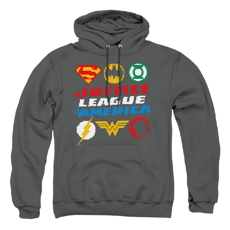 Justice League Pixel Logos Pullover Hoodie Bishop Sleeve Elegant