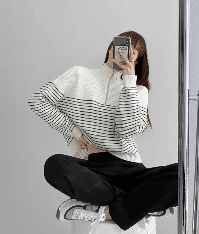 Black And White Striped Zipper Half High Neck Sweater Retro Thin Thick Dense