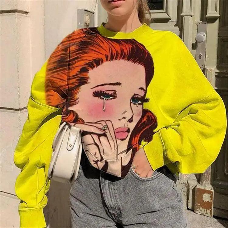 Cartoon Print Long-Sleeved Round Neck Bottoming Sweater Satin Fabric Silk Fabric Chiffon Fabric Cartoon Print Long-Sleeved Round Neck Bottoming Sweater Satin Fabric Silk Fabric Chiffon Fabric