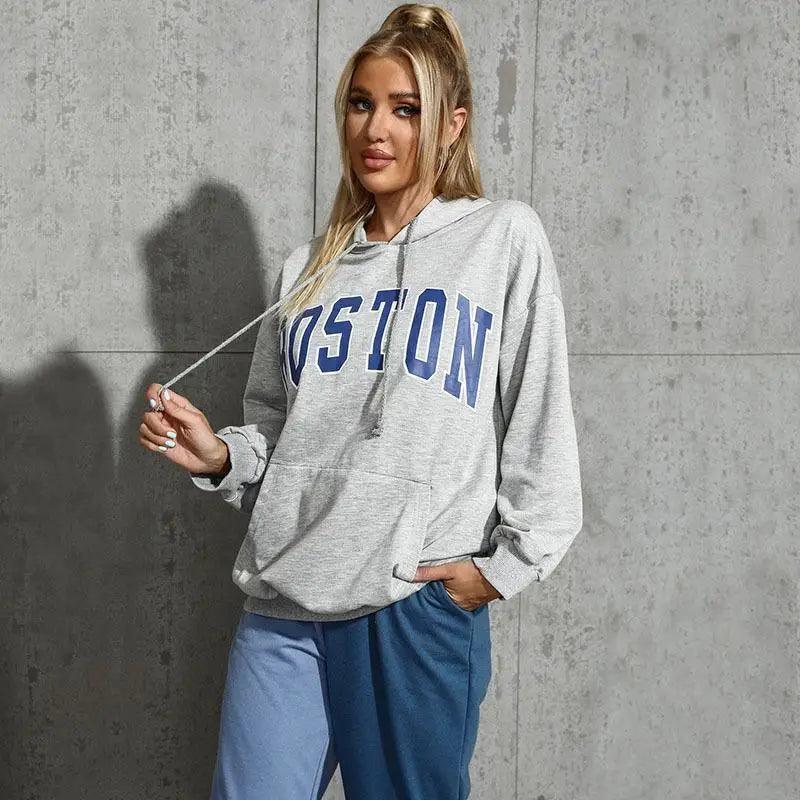 Casual Hooded Trendy Letter Sweater Denim Fabric Leather Fabric Suede Fabric