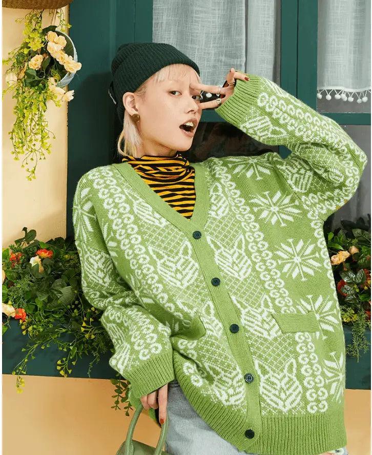 Green V-neck Sweater Lace Blend Ribbed Blend Corduroy Blend