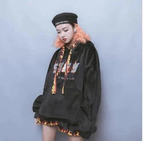 Hip hop street flame ribbon embroidery loose hooded sweater Velvet Chenille Corduroy Hip hop street flame ribbon embroidery loose hooded sweater Velvet Chenille Corduroy