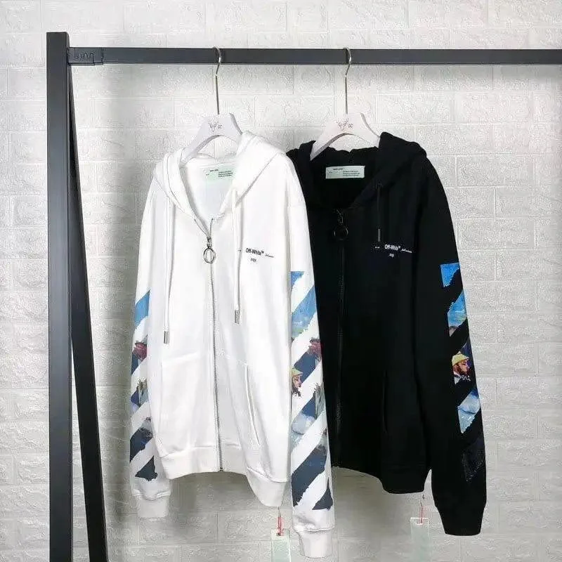 Oil painting zipper sweater arrow hoodie Ribbed Striped Patterned