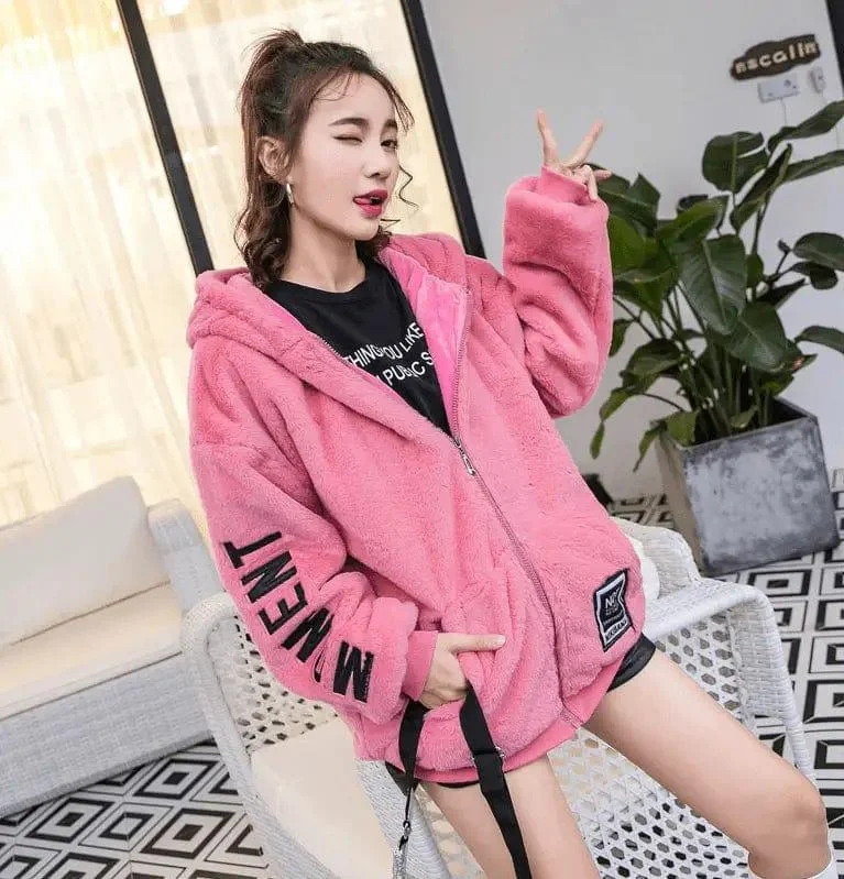 Plush sweater rabbit ears plush coat Satin Blend Silk Blend Wool Blend