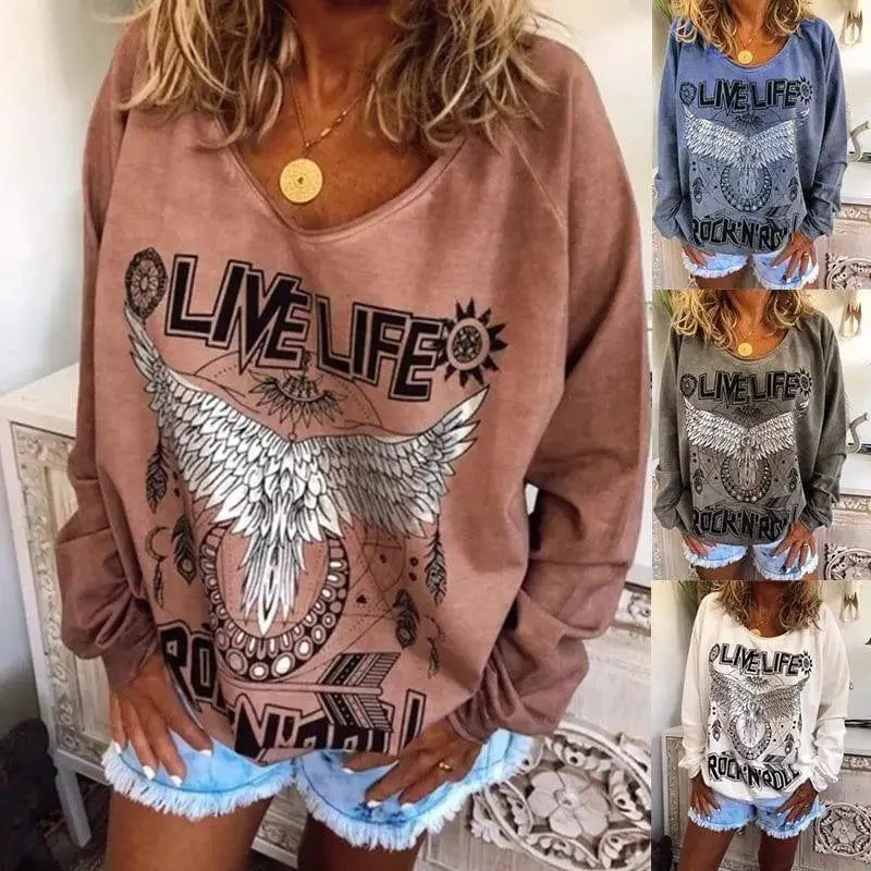 Women Loose Round Neck Printed Sweater Welt Pockets Slit Pockets Flap Pockets