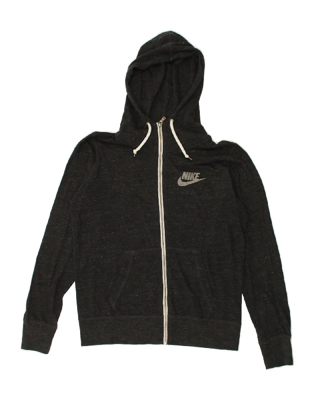 NIKE Womens Zip Hoodie Sweater UK 14 Large Grey Flecked Spandex Rayon Corduroy