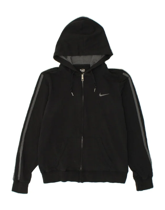NIKE Womens Zip Hoodie Sweater UK 16 Large Black Cotton Print Jacquard Patchwork