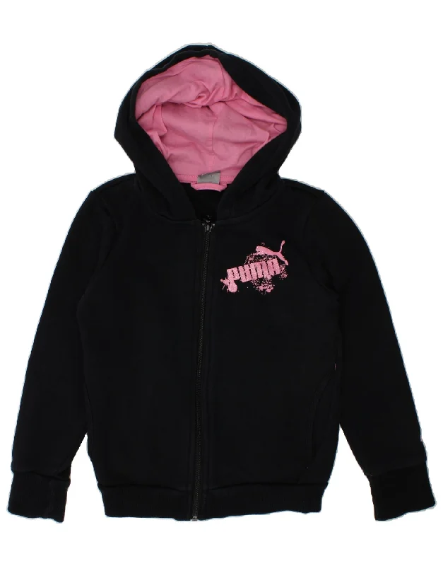 PUMA Girls Graphic Zip Hoodie Sweater 7-8 Years Black Cotton Spandex Rayon Corduroy