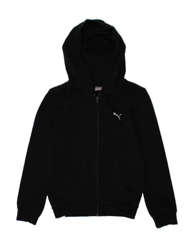PUMA Girls Zip Hoodie Sweater 9-10 Years Black Cotton Ribbed Striped Patterned