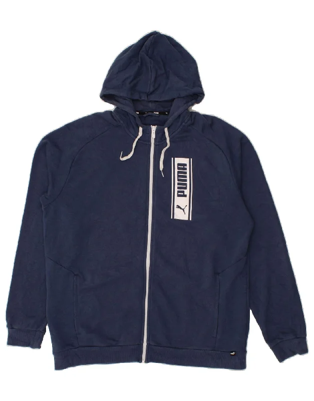 PUMA Mens Graphic Zip Hoodie Sweater XL Navy Blue Hooded Caped Shawl Collar