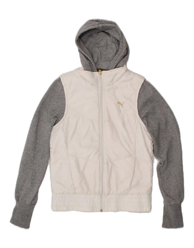 PUMA Womens Zip Hoodie Sweater UK 10 Small White Colourblock Cotton Mesh Sweater Canvas Denim PUMA Womens Zip Hoodie Sweater UK 10 Small White Colourblock Cotton Mesh Sweater Canvas Denim
