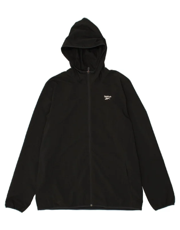 REEBOK Mens Zip Hoodie Sweater Large Black Polyester Boxy Sweater Fitted Sweater A-Line REEBOK Mens Zip Hoodie Sweater Large Black Polyester Boxy Sweater Fitted Sweater A-Line