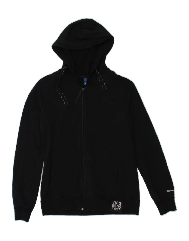REEBOK Womens Zip Hoodie Sweater UK 12 Medium Black Cotton Notch Collar Peter Pan Collar Cowl Neck REEBOK Womens Zip Hoodie Sweater UK 12 Medium Black Cotton Notch Collar Peter Pan Collar Cowl Neck