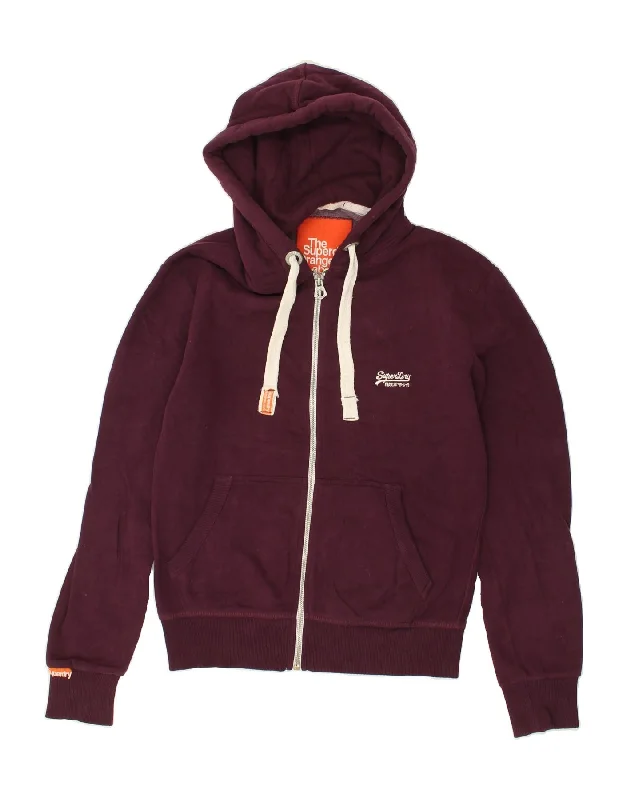 SUPERDRY Mens Zip Hoodie Sweater Small Maroon Cotton Iron Safe Non-Iron Wrinkle Free