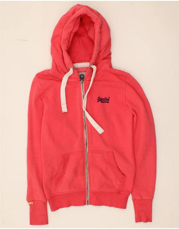 SUPERDRY Womens Zip Hoodie Sweater UK 2 2XS Pink Cotton Transparent Opaque Sheer