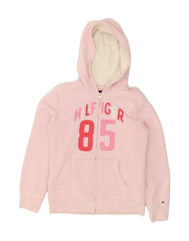 TOMMY HILFIGER Girls Graphic Zip Hoodie Sweater 12-13 Years Large Pink Knit Fabric Woven Fabric Fleece Fabric TOMMY HILFIGER Girls Graphic Zip Hoodie Sweater 12-13 Years Large Pink Knit Fabric Woven Fabric Fleece Fabric